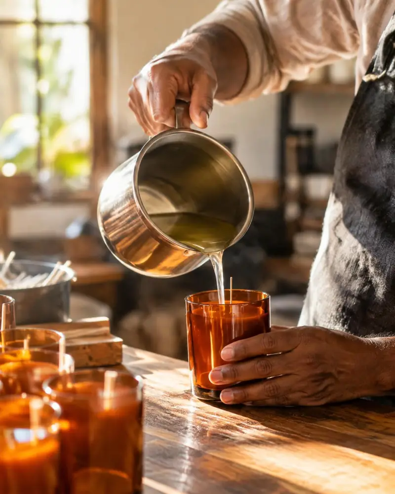 Hand-pouring wax into a candle vessel