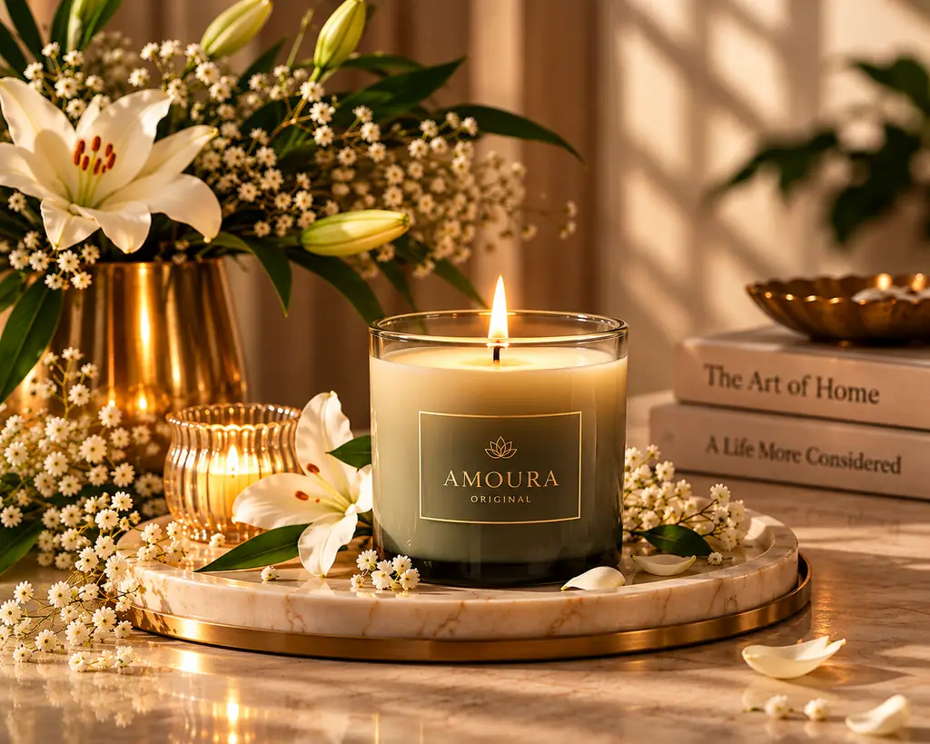 An Amoura candle glowing at dusk