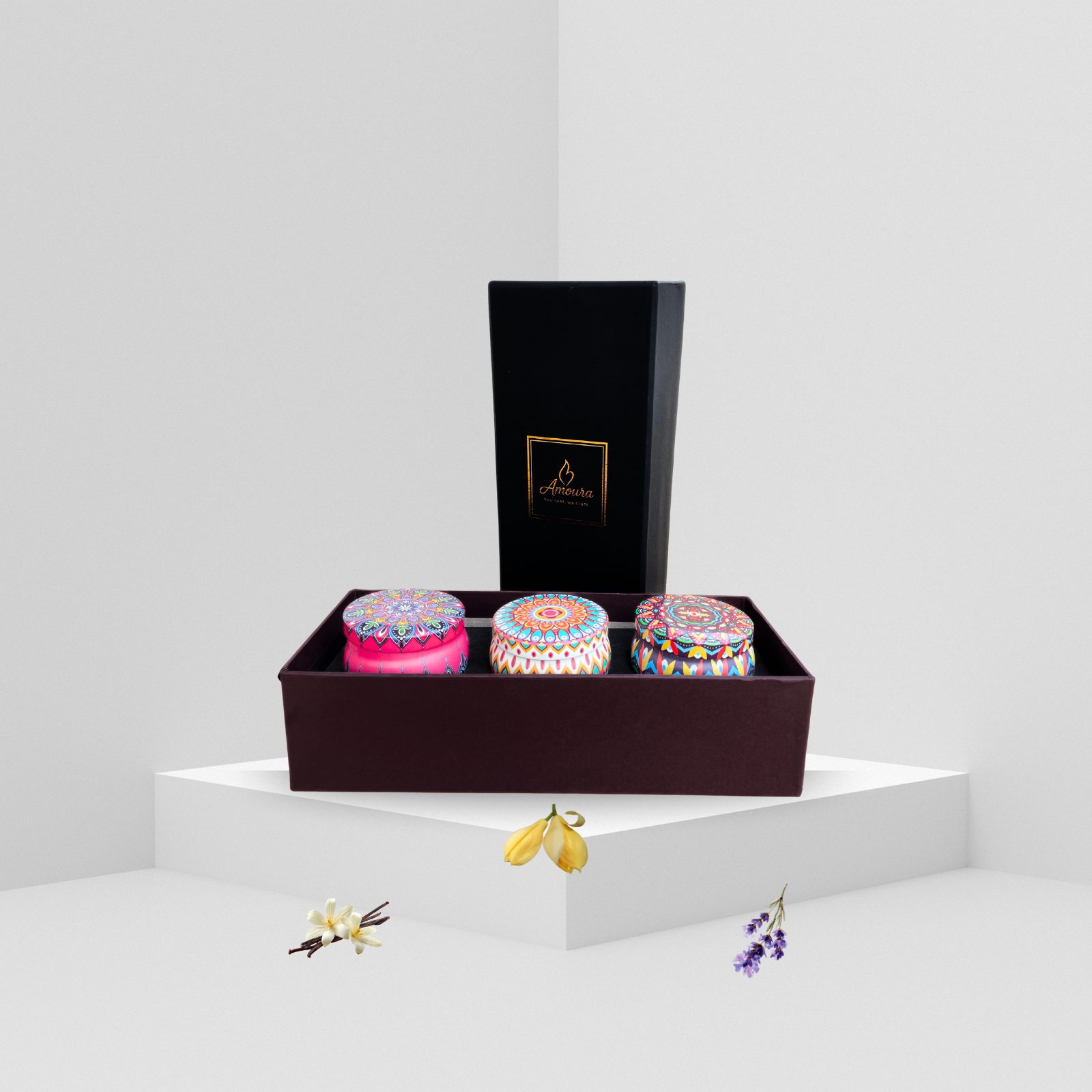 AMOURA ORIGINAL | Travel-Friendly Tin Candle Gift Set – 3 Fragrances, Long Burn